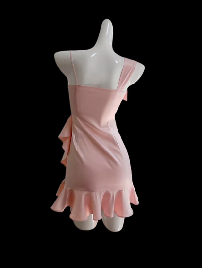 Pretty Sheath Pink Satin With Ruffle Senior Inspo Graduation Hoco Gowns Short Homecoming Dresses N4701