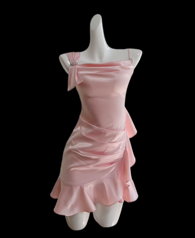 Pretty Sheath Pink Satin With Ruffle Senior Inspo Graduation Hoco Gowns Short Homecoming Dresses N4701