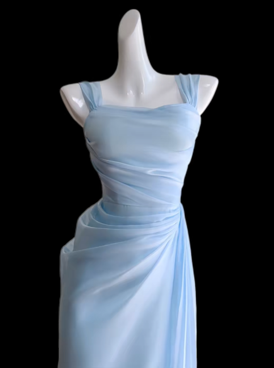 Romantisches Chiffon-Meerjungfrauenkleid Blau Eckiger Ausschnitt Ideen für Damen 18. Geburtstag Kleider Urlaub Sommer Outfits N4707