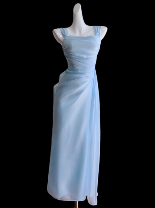 Romantisches Chiffon-Meerjungfrauenkleid Blau Eckiger Ausschnitt Ideen für Damen 18. Geburtstag Kleider Urlaub Sommer Outfits N4707