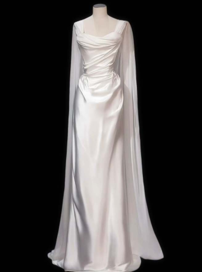 Einfaches Meerjungfrau-Brautkleid trägerlos mit abnehmbarer Umhang Satin Garten Weiß N4708