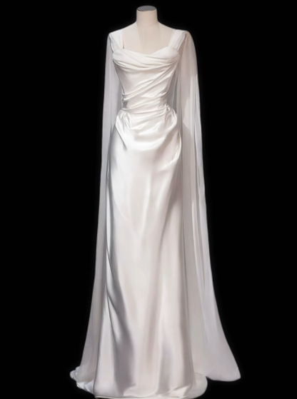 Einfaches Meerjungfrau-Brautkleid trägerlos mit abnehmbarer Umhang Satin Garten Weiß N4708
