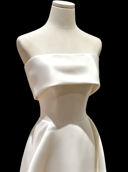 Simple A line Strapless Sleeveless Long Satin Garden White Wedding Dresses N4711