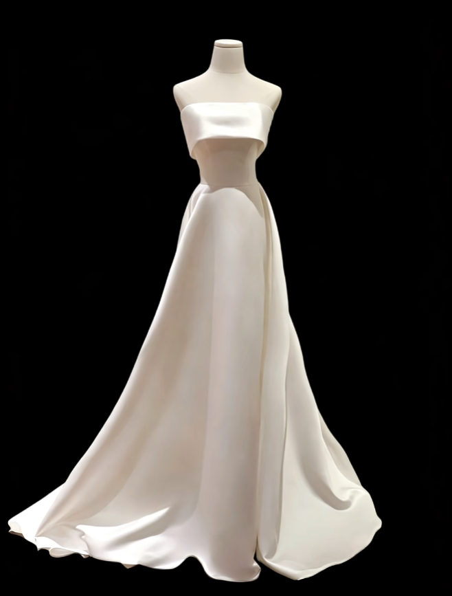 Simple A line Strapless Sleeveless Long Satin Garden White Wedding Dresses N4711
