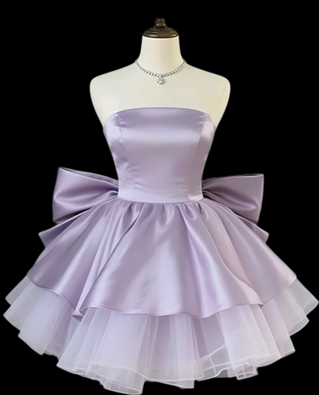 Einzigartige Ballkleider, trägerlos, lila Satin mit Schleife, Mini Senior Kurze Hoco Kleider Heimkehrkleider N4721