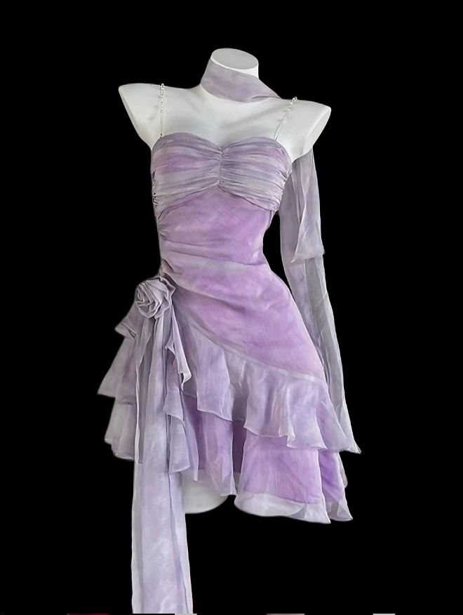 Elegant Sheath Spaghetti Strap Sleeveless Lilac Chiffon With Scarf Mini Senior Inspo Short Homecoming Dresses N4722