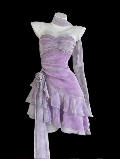 Elegant Sheath Spaghetti Strap Sleeveless Lilac Chiffon With Scarf Mini Senior Inspo Short Homecoming Dresses N4722