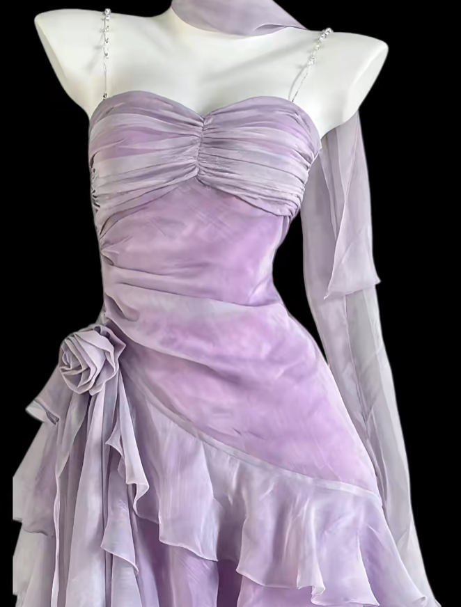 Elegant Sheath Spaghetti Strap Sleeveless Lilac Chiffon With Scarf Mini Senior Inspo Short Homecoming Dresses N4722