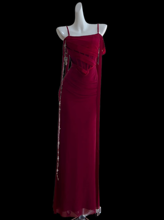 Sexy Abschlussballkleider Meerjungfrau Spaghettiträger Rot mit Falten Abendkleid Lang Festliches Kleid N4726