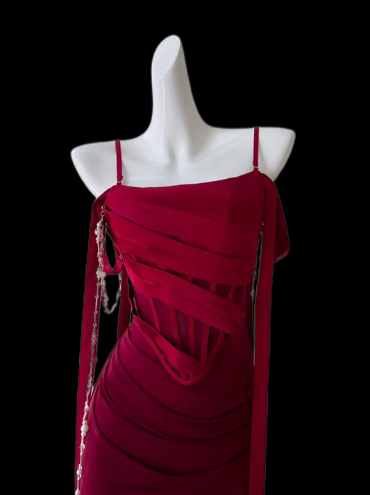 Sexy Abschlussballkleider Meerjungfrau Spaghettiträger Rot mit Falten Abendkleid Lang Festliches Kleid N4726
