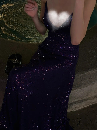 Sparkling Mermaid Spaghetti Strap Purple Sequined Prom Dress Long 18th Birthday Party Gown Formal Dresses N478