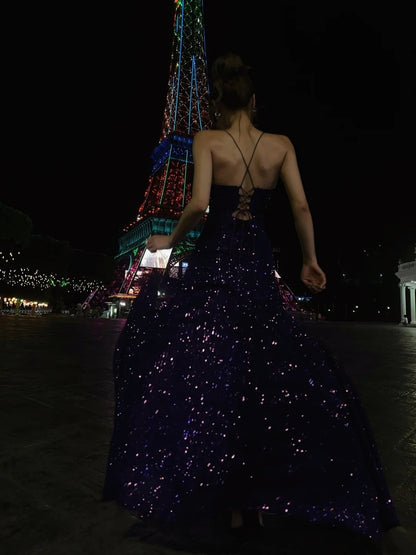 Sparkling Mermaid Spaghetti Strap Purple Sequined Prom Dress Long 18th Birthday Party Gown Formal Dresses N478
