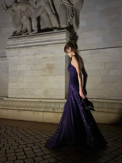 Sparkling Mermaid Spaghetti Strap Purple Sequined Prom Dress Long 18th Birthday Party Gown Formal Dresses N478