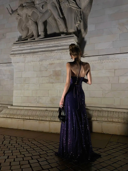 Sparkling Mermaid Spaghetti Strap Purple Sequined Prom Dress Long 18th Birthday Party Gown Formal Dresses N478