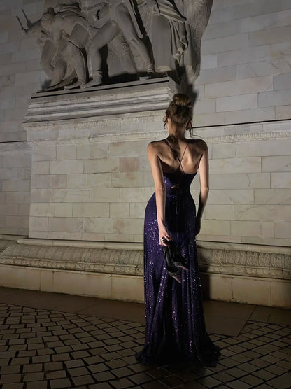 Robe de bal sirène élégante à fines bretelles et sequins violets, longue, idéale pour une fête d'anniversaire de 18 ans (N479)