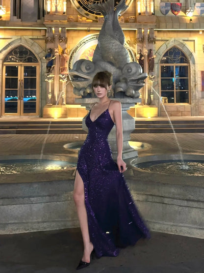 Robe de bal sirène élégante à fines bretelles et sequins violets, longue, idéale pour une fête d'anniversaire de 18 ans (N479)