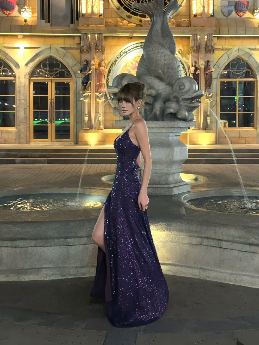Robe de bal sirène élégante à fines bretelles et sequins violets, longue, idéale pour une fête d'anniversaire de 18 ans (N479)