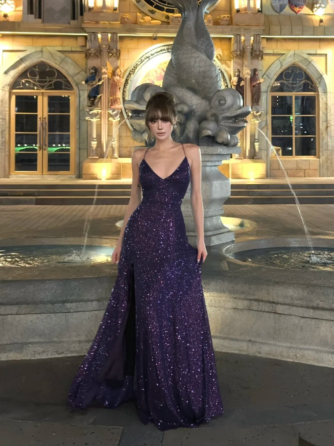 Robe de bal sirène élégante à fines bretelles et sequins violets, longue, idéale pour une fête d'anniversaire de 18 ans (N479)