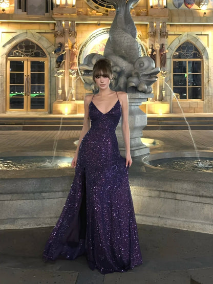 Robe de bal sirène élégante à fines bretelles et sequins violets, longue, idéale pour une fête d'anniversaire de 18 ans (N479)