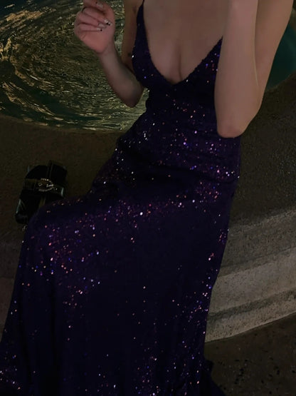 Robe de bal sirène élégante à fines bretelles et sequins violets, longue, idéale pour une fête d'anniversaire de 18 ans (N479)