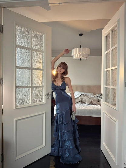 Robe de bal longue sirène vaporeuse à bretelles spaghetti, dos corset, bleu marine, robe de soirée pour un 18e anniversaire N484