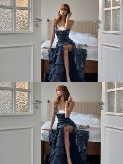 Robe de bal longue sirène vaporeuse à bretelles spaghetti, dos corset, bleu marine, robe de soirée pour un 18e anniversaire N484