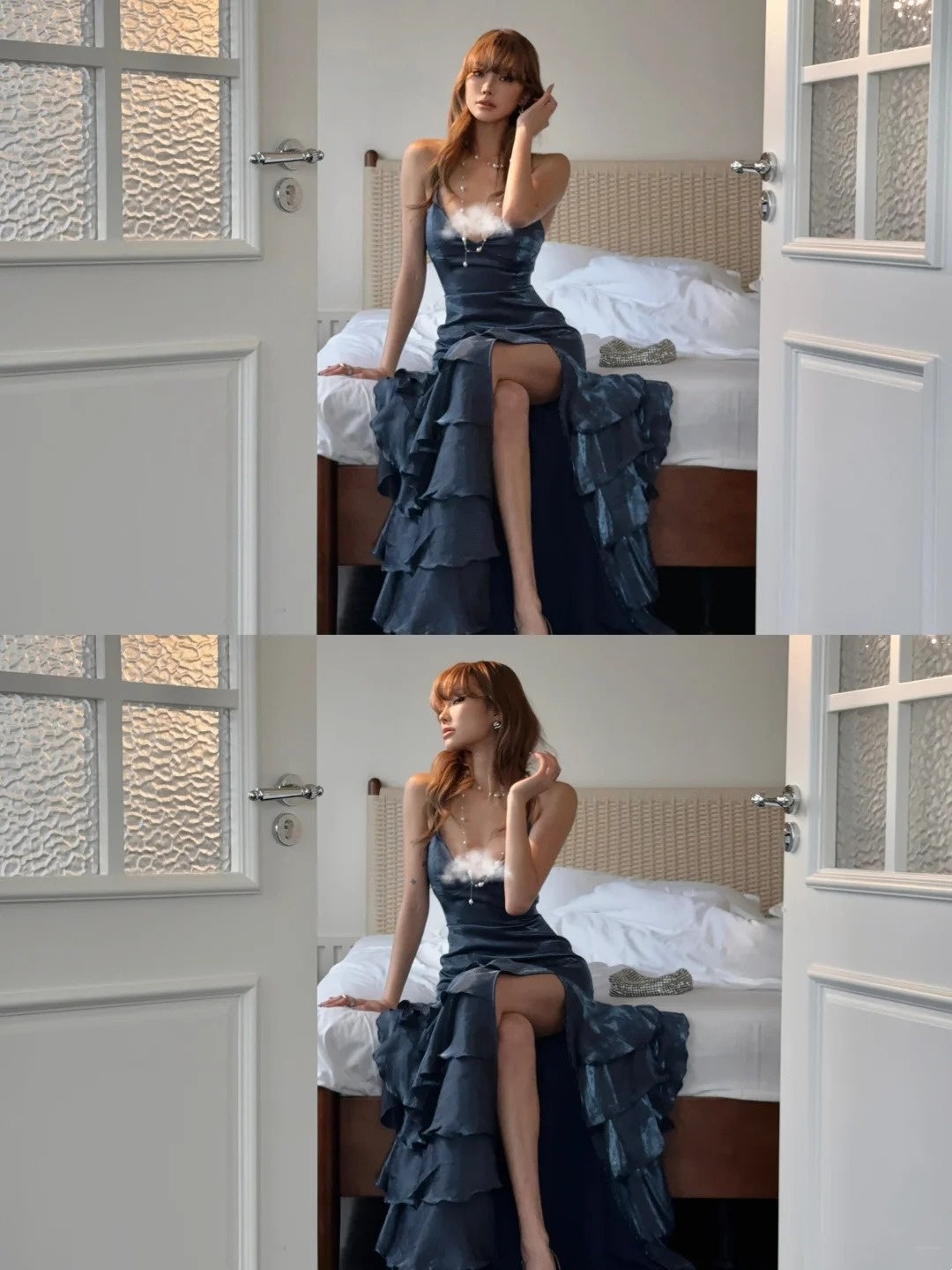 Robe de bal longue sirène vaporeuse à fines bretelles spaghetti, dos corset avec fente, bleu marine, robe de soirée formelle pour un 18e anniversaire N485