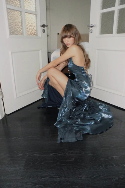 Robe de bal longue sirène vaporeuse à bretelles spaghetti, dos corset, bleu marine, robe de soirée pour un 18e anniversaire N484