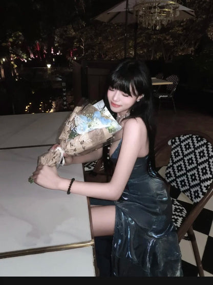 Robe de bal longue sirène à bretelles spaghetti, dos corset, bleu marine, robe de soirée élégante N483