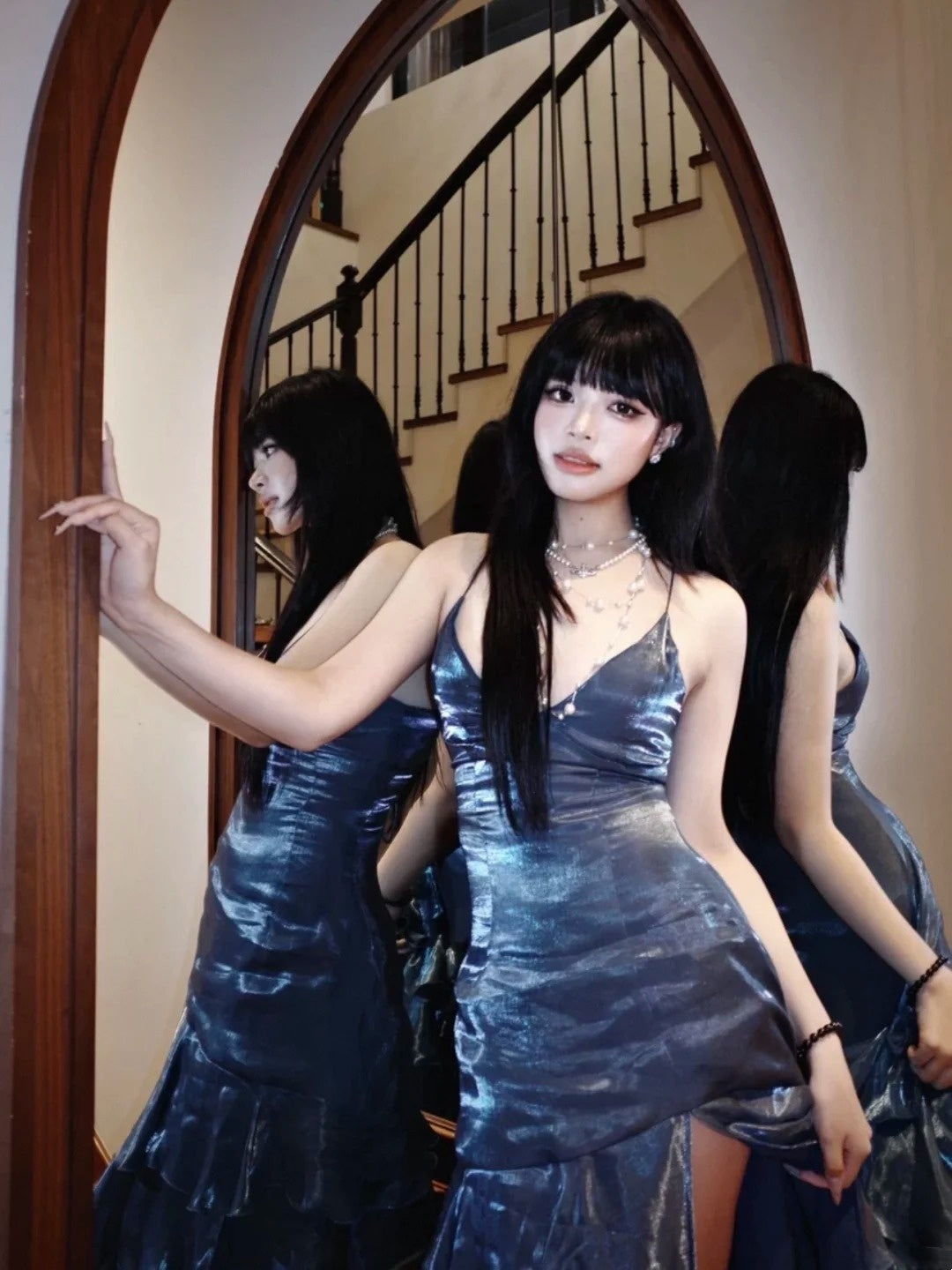 Robe de bal longue sirène à bretelles spaghetti, dos corset, bleu marine, robe de soirée élégante N483