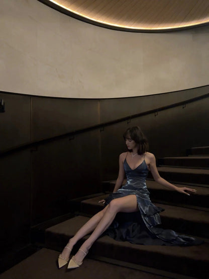 Robe de bal longue sirène à bretelles spaghetti, dos corset, bleu marine, robe de soirée élégante N483