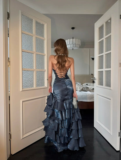Robe de bal longue sirène à bretelles spaghetti, dos corset, bleu marine, robe de soirée longue N482