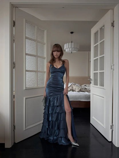 Robe de bal longue sirène à fines bretelles, paillettes bleu marine, robe de soirée longue N481