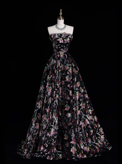 Robe de bal longue et féérique, bustier à sequins noirs à fleurs et à plis, style N614