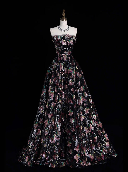 Verspieltes, trägerloses, schwarzes Ballkleid mit Blumenmuster, Pailletten und plissiertem Oberteil, langes Abendkleid N614