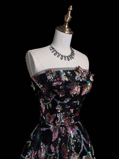 Robe de bal longue et féérique, bustier à sequins noirs à fleurs et à plis, style N614
