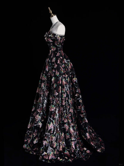 Robe de bal longue et féérique, bustier à sequins noirs à fleurs et à plis, style N614