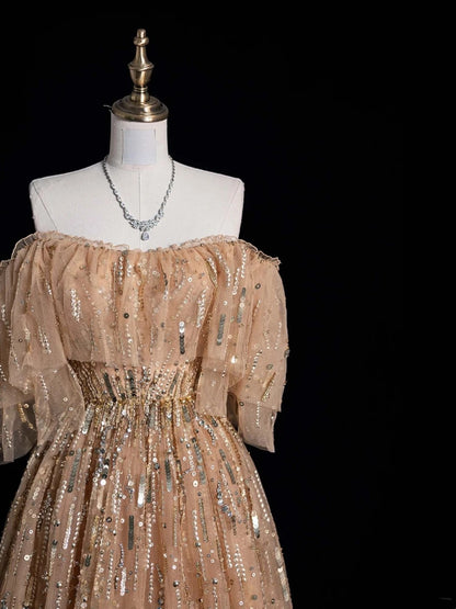 Robe de bal élégante en tulle à épaules dénudées, manches courtes et corsage orné de perles. Robe de soirée longue, semi-formelle, N616