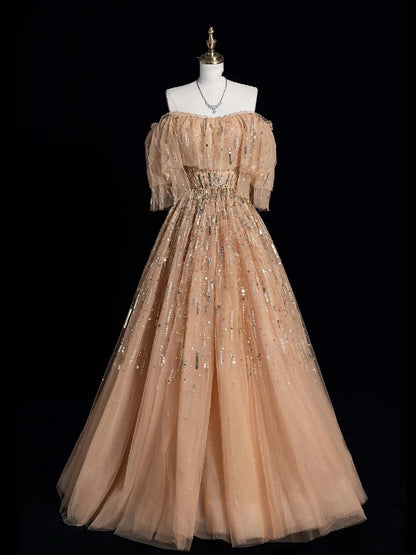 Robe de bal élégante en tulle à épaules dénudées, manches courtes et corsage orné de perles. Robe de soirée longue, semi-formelle, N616