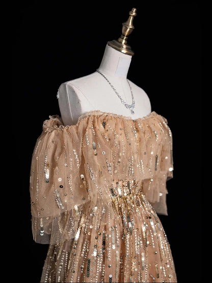 Robe de bal élégante en tulle à épaules dénudées, manches courtes et corsage orné de perles. Robe de soirée longue, semi-formelle, N616