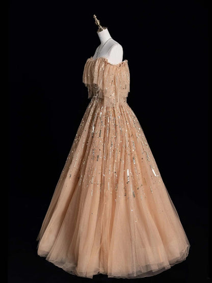 Robe de bal élégante en tulle à épaules dénudées, manches courtes et corsage orné de perles. Robe de soirée longue, semi-formelle, N616