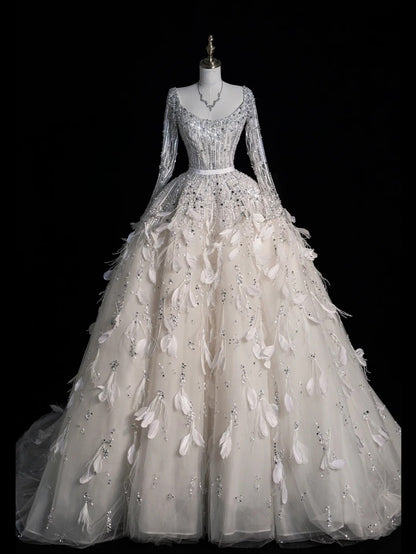 Robe de mariée civile, robe de bal, col carré, tulle blanc, manches longues, bustier orné de plumes, robe de mariée cintrée N612