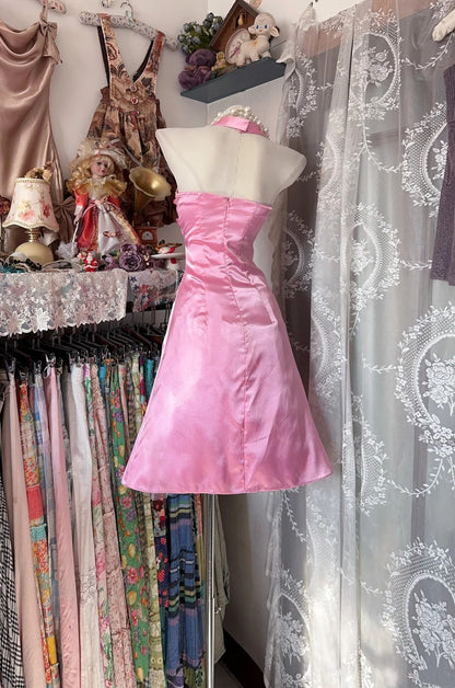 Robe de bal courte vintage sirène en satin rose, modèle N618