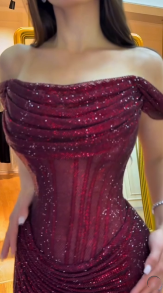 Glitzerndes Meerjungfrauen-Abendkleid mit schulterfreiem Ausschnitt für die Oberstufe, festliches Abendkleid N621
