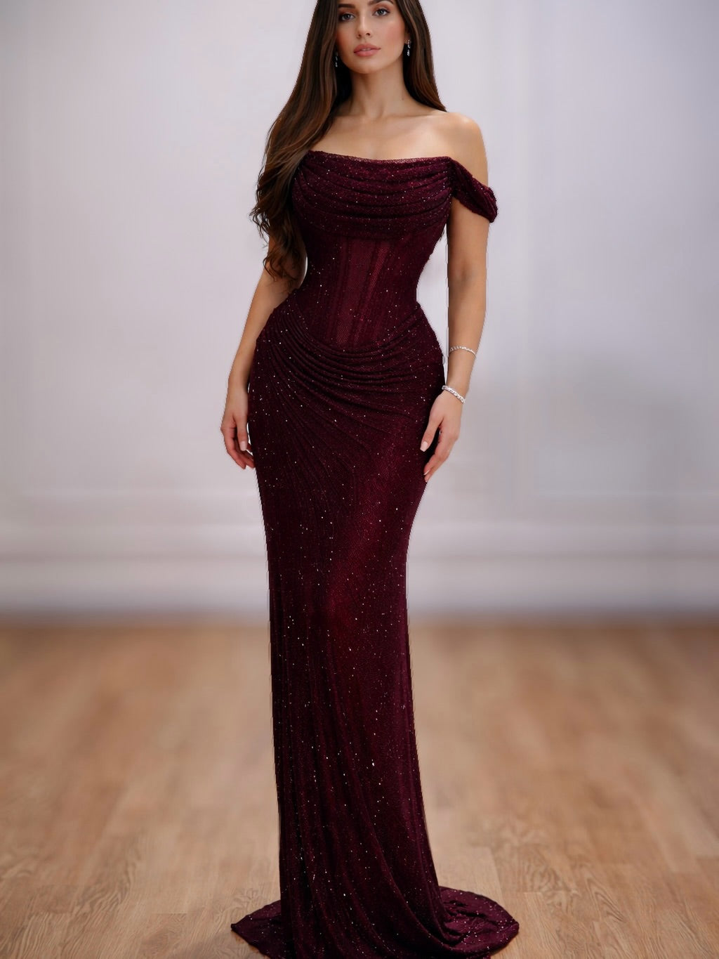 Glitzerndes Meerjungfrauen-Abendkleid mit schulterfreiem Ausschnitt für die Oberstufe, festliches Abendkleid N621