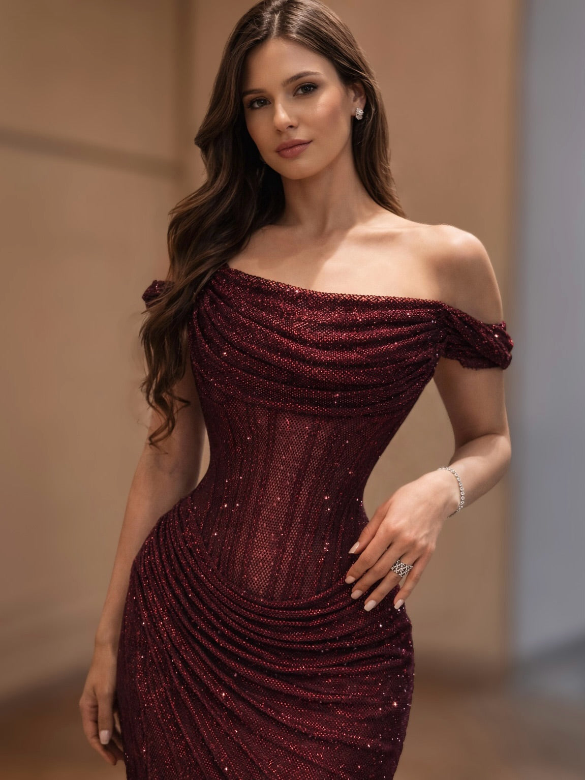 Glitzerndes Meerjungfrauen-Abendkleid mit schulterfreiem Ausschnitt für die Oberstufe, festliches Abendkleid N621