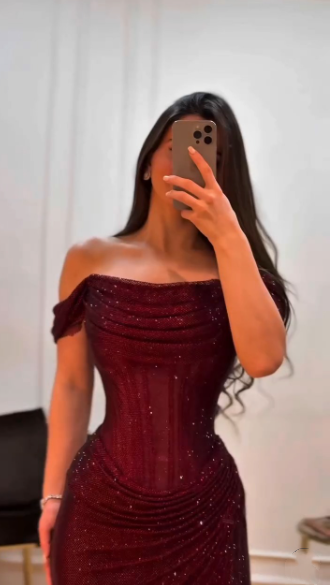 Glitzerndes Meerjungfrauen-Abendkleid mit schulterfreiem Ausschnitt für die Oberstufe, festliches Abendkleid N621