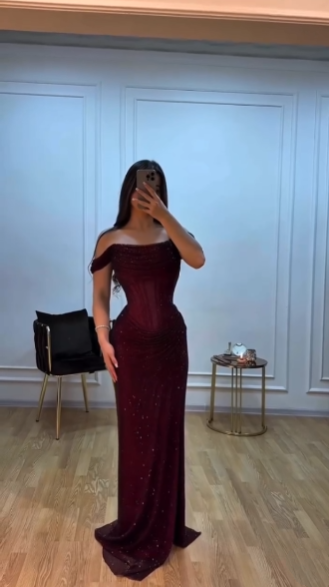 Glitzerndes Meerjungfrauen-Abendkleid mit schulterfreiem Ausschnitt für die Oberstufe, festliches Abendkleid N621