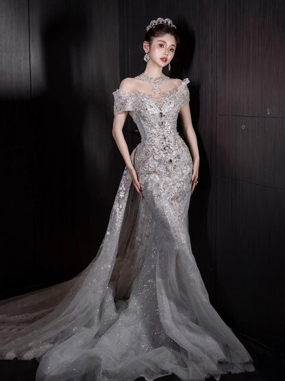 Robe de mariée sirène à épaules dénudées, ornée de sequins et de perles, style conte de fées, coupe ajustée, référence N674