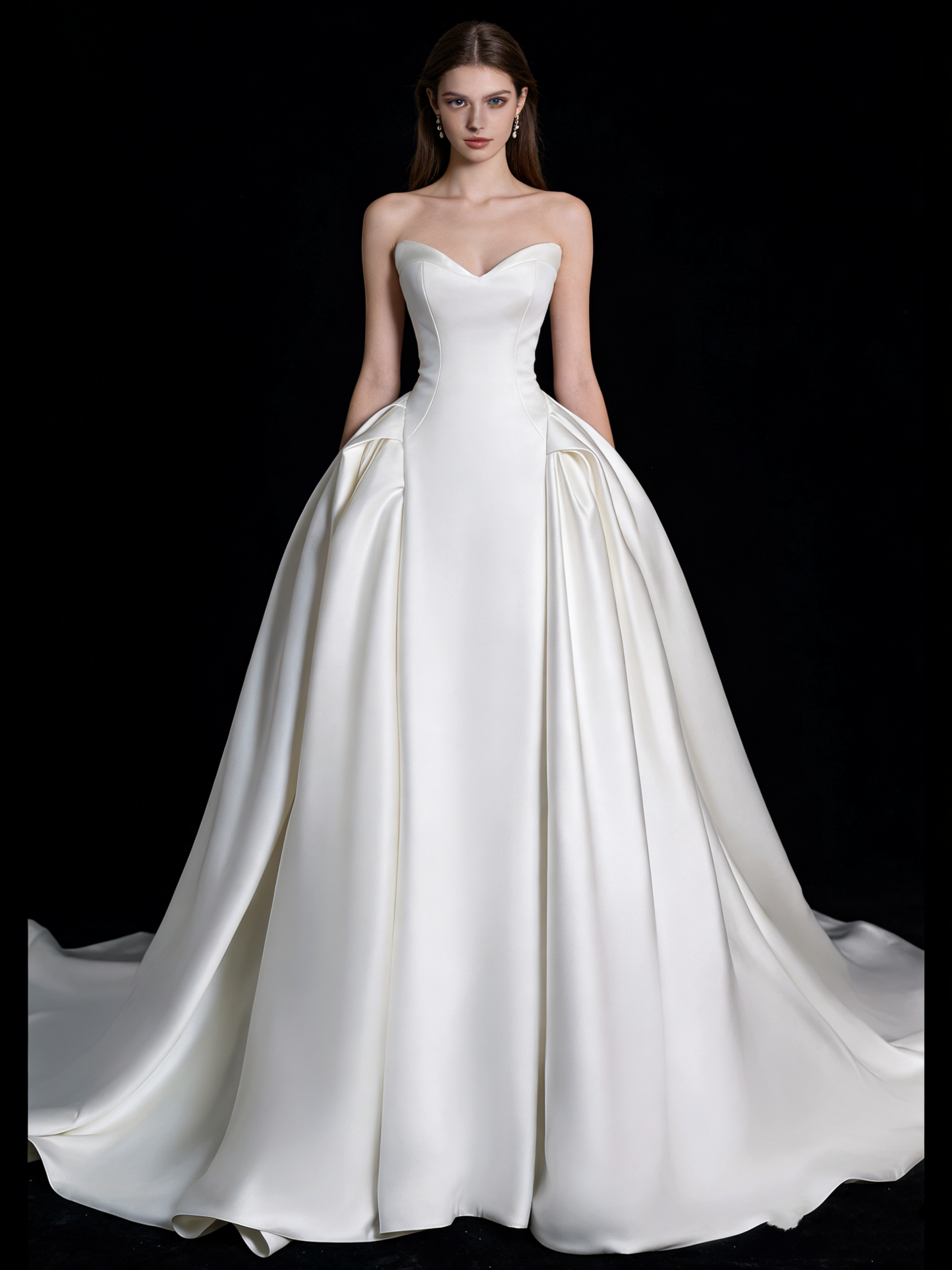 Robe de bal sobre en satin blanc à décolleté cœur et plis, robe de mariée longue de conte de fées pour l'automne N690